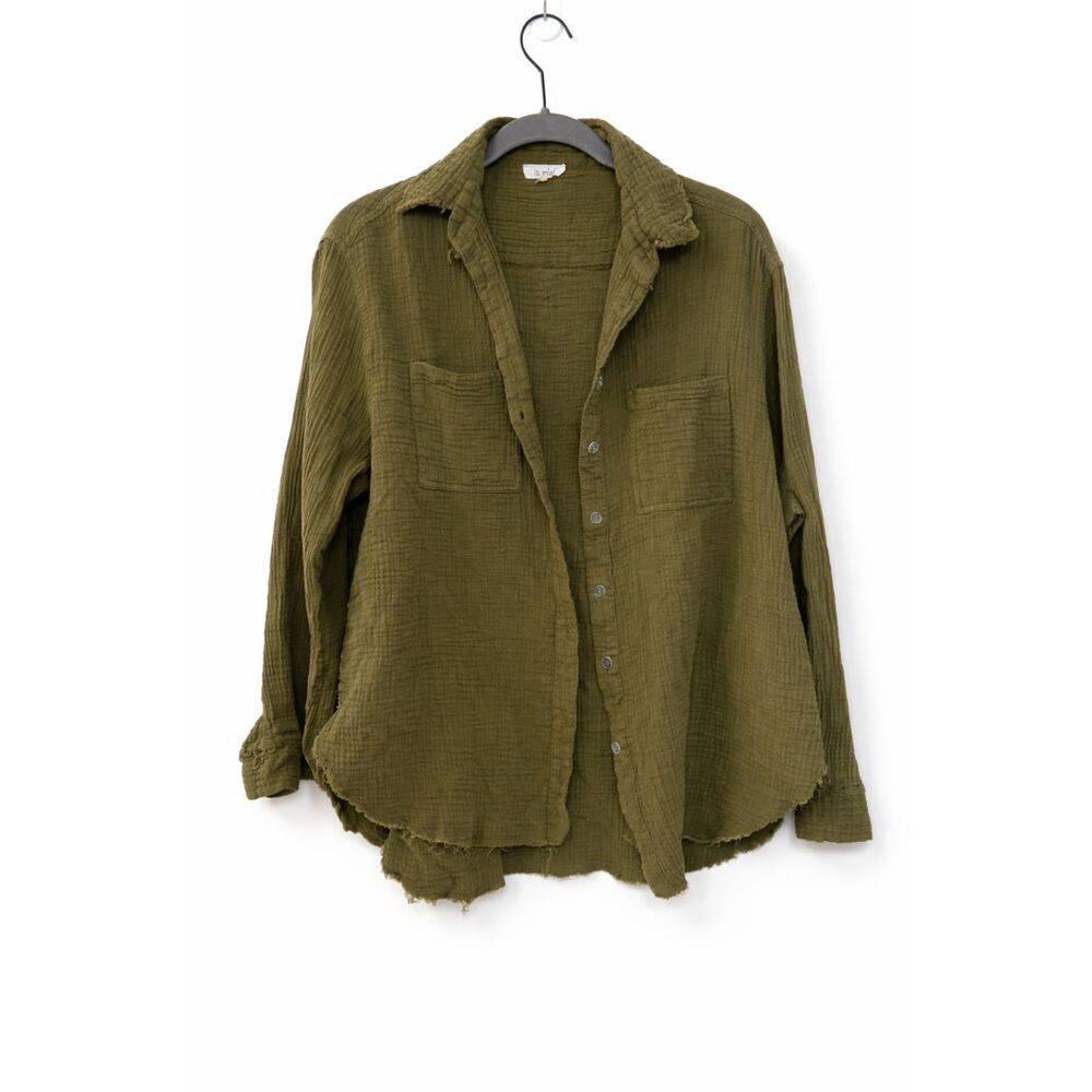 La Miel Olive Gauze Button Up Shirt Raw Hem Boho Oversized‎ Cotton Top M